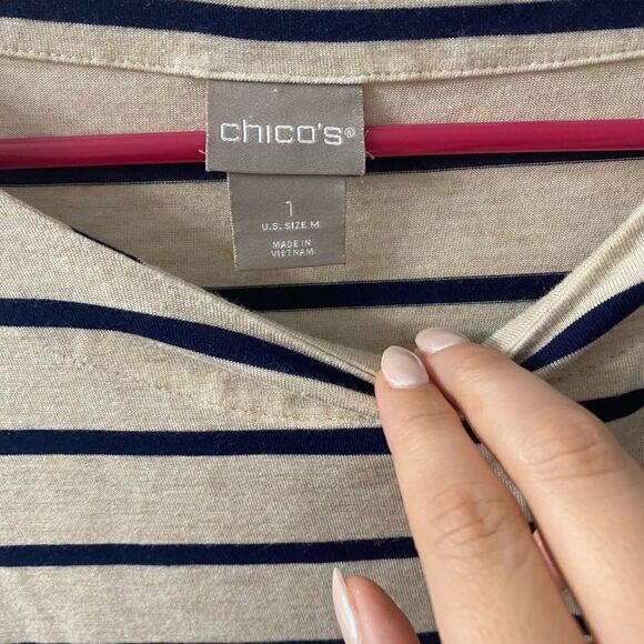 Chicos Beige Striped Ruffle Elbow-Sleeve Top Round Neck Rayon Blend 1 medium - Picture 7 of 12